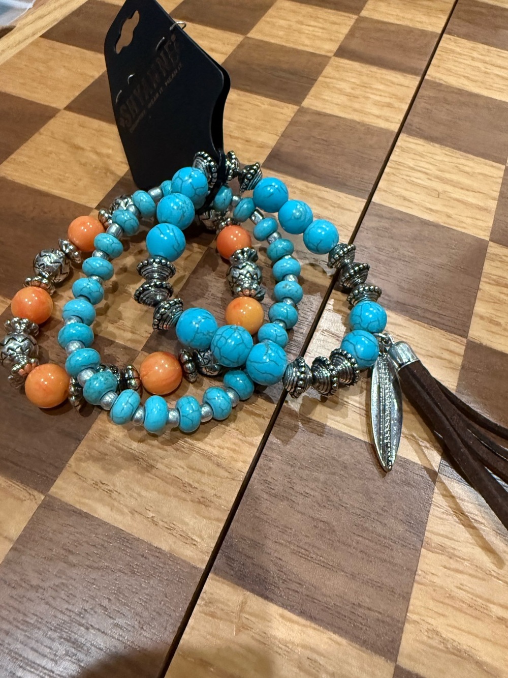 Shyanne Turquoise & Orange Boho Beaded Bracelet Set with Tassel Charm